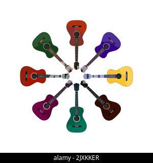 Chitarra acustica su sfondo bianco. Illustrazione vettoriale di strumenti musicali a corda Illustrazione Vettoriale