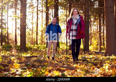 Vista frontale di una coppia in pensione matura camminando nella campagna autunnale o invernale utilizzando i pali escursionistici Foto Stock