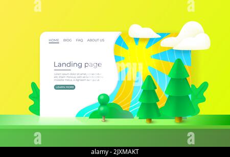 Landing page paesaggio forestale, scena naturale, poster sito web. Illustrazione vettoriale Illustrazione Vettoriale