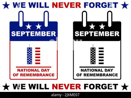 9/11 calendario della Giornata Nazionale della memoria isolato su bianco. Settembre 11, 2001 Illustrazione Vettoriale
