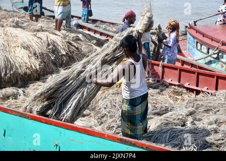 I lavoratori caricano la iuta su una barca sulla riva del fiume Padma in un mercato rurale a Munshigonj il 29 agosto 2022. Foto Stock