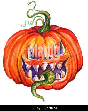 Acquerello illustrazione di spaventoso mostro di zucca di Halloween con denti affilati. Illustrazione di Halloween. Acquerello. Per la festa di Halloween, poster Foto Stock