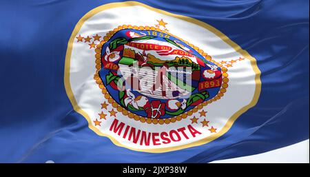 Vista ravvicinata dell'ondulazione della bandiera dello stato del Minnesota. Il Minnesota è uno stato della regione del Midwest degli Stati Uniti. Sfondo a trama di tessuto Foto Stock