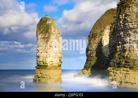 Uno stack marino nella Selwicks Bay vicino a Flamborough Head nello Yorkshire catturato utilizzando una lunga velocità dell'otturatore. Foto Stock