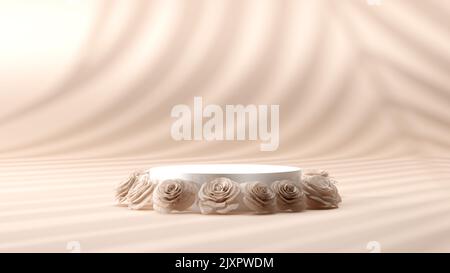 Podio in legno con rosa secca e petali per mostrare prodotti, cosmetici e regali. San Valentino, giorno della madre e concetto di giorno della donna. Foto Stock