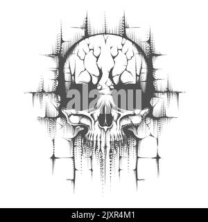 Design del tatuaggio del cranio umano. Illustrazione del vettore monocromatico isolato su bianco Illustrazione Vettoriale