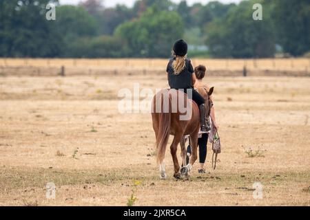 Dorney, Buckinghamshire, Regno Unito. 16th agosto, 2022. Una ragazza cavalca un cavallo attraverso un comune di Dorney in Buckinghamshire. Credito: Maureen McLean/Alamy Foto Stock