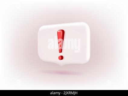 3d punto esclamativo bianco per la notifica dei social media in una puntina rotonda rossa. Illustrazione Vettoriale