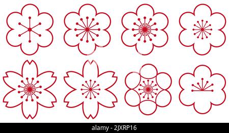 Icone in fiore con linea di prugne. Illustrazione vettoriale isolata su sfondo bianco Illustrazione Vettoriale