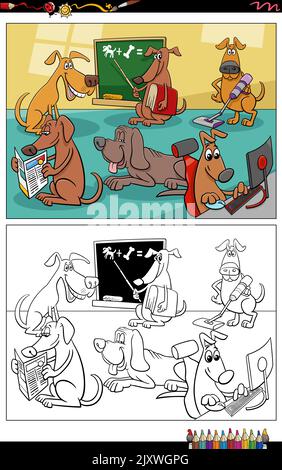 Cartoon illustrazione di cani fumetti caratteri gruppo colorazione pagina Illustrazione Vettoriale