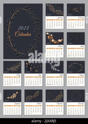 Fogliame moderno ed elegante verticale A4 Calendario 2023. Illustrazione Vettoriale