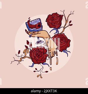 Design a T-shirt con cranio in mano e fiori. Tipografia vintage per stampa tee in stile vintage e hipster. Linea isolata dal vettore Illustrazione Vettoriale