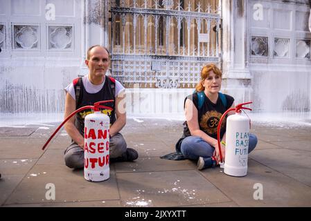 I manifestanti della ribellione animale spruzzavano una parete del Palazzo di Westminster con vernice bianca e bloccavano la strada all'esterno. Protesta contro il latte Foto Stock