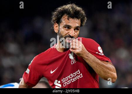 Napoli, Italia. 07th Set, 2022. Mohamed Salah del Liverpool FC sembra sconsolato durante la Champions League Group Una partita di calcio tra SSC Napoli e Liverpool FC allo stadio Diego Armando Maradona di Napoli (Italia), 7th settembre 2022. Foto Andrea Staccioli/Insidefoto Credit: Insidefoto di andrea staccioli/Alamy Live News Foto Stock