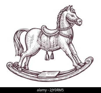 Disegno retrò di cavallo a dondolo in legno. Giocattolo per bambini in stile incisione vintage. Illustrazione vettoriale isolata su bianco Illustrazione Vettoriale