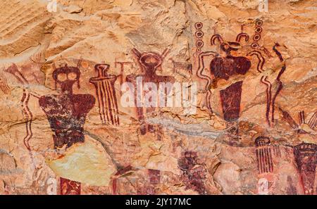 Sego Canyon Petroglyph pannello completo degli spacemen Foto Stock