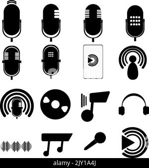 Insieme di elementi di podcasting, icone. Bella collezione di icone per Podcast Day, radio Day o altri scopi. Illustrazione vettoriale. Illustrazione Vettoriale