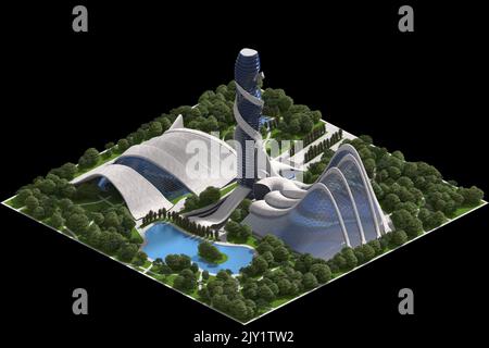 Architettura futuristica paesaggistica 3D illustrazione per un gioco piastrellato reso in proiezione dimetrica con una telecamera ortografica a 30 gradi e clipping Foto Stock