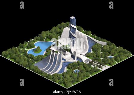 Architettura futuristica paesaggistica 3D illustrazione per un gioco piastrellato reso in proiezione dimetrica con una telecamera ortografica a 30 gradi e clipping Foto Stock