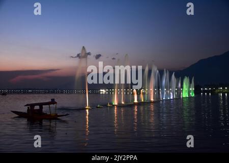 Un uomo rema la sua barca lungo il famoso lago dal a Srinagar. Foto Stock