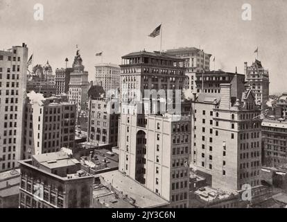 Guardando a sud-ovest dal tetto del Woodbridge Building, angolo di John and William Streets, New York City, circa 1900 Foto Stock