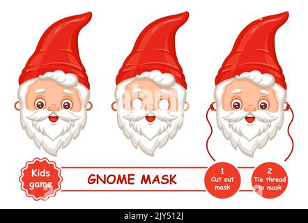 Taglio gnomo, Santa Clause Natale maschera di carnevale. Fiabesco vecchio elfo nana con barba. Bambini artigianato gioco di carta. Vettore di decorazione testa Masquerade Illustrazione Vettoriale