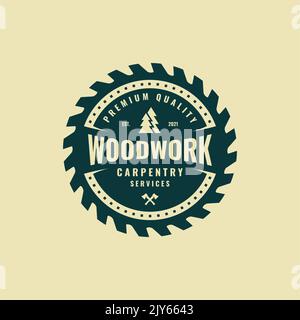 Carpenteria vintage logo vettore. Design esclusivo per badge, etichette e timbri in legno. Illustrazione Vettoriale