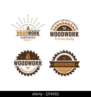 Set di carpenteria vintage logo vettore. Design esclusivo per badge, etichette e timbri in legno. Illustrazione Vettoriale