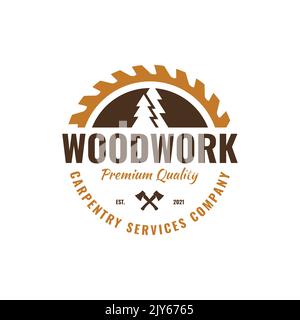Carpenteria vintage logo vettore. Design esclusivo per badge, etichette e timbri in legno. Illustrazione Vettoriale