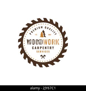 Carpenteria vintage logo vettore. Design esclusivo per badge, etichette e timbri in legno. Illustrazione Vettoriale