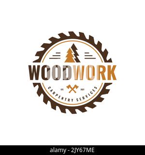 Carpenteria vintage logo vettore. Design esclusivo per badge, etichette e timbri in legno. Illustrazione Vettoriale