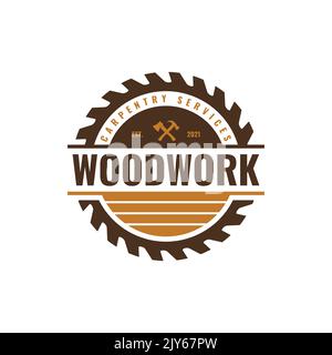 Carpenteria vintage logo vettore. Design esclusivo per badge, etichette e timbri in legno. Illustrazione Vettoriale