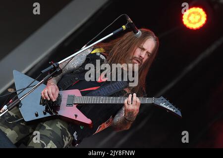 Rio de Janeiro, Brasile, 2 settembre 2022. Il chitarrista Phil Demmel durante un concerto della band americana heavy metal Allegiance al Rock di Rio 2022 Foto Stock