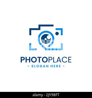 Modello di design del logo a punto fotografico. Combinazione astratta della telecamera con il vettore delle icone a forma di spillo di navigazione. Illustrazione Vettoriale