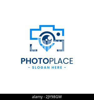 Modello di design del logo a punto fotografico. Combinazione astratta della telecamera con il vettore delle icone a forma di spillo di navigazione. Illustrazione Vettoriale