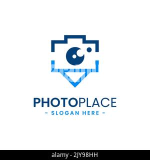 Modello di design del logo a punto fotografico. Combinazione astratta della telecamera con il vettore delle icone a forma di spillo di navigazione. Illustrazione Vettoriale