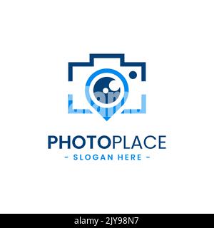Modello di design del logo a punto fotografico. Combinazione astratta della telecamera con il vettore delle icone a forma di spillo di navigazione. Illustrazione Vettoriale