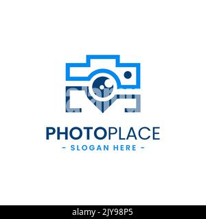 Modello di design del logo a punto fotografico. Combinazione astratta della telecamera con il vettore delle icone a forma di spillo di navigazione. Illustrazione Vettoriale