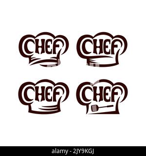 Set di lettere dello chef con logo del cappello dello chef. Tipografia dello chef, modello di design del logo in stile schizzo. Illustrazione Vettoriale