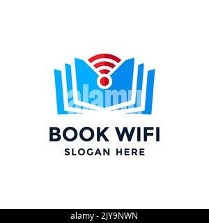 Modello di design del logo wifi del libro. Simbolo del libro di lettura online. Concetto di tecnologia per l'istruzione. Illustrazione Vettoriale