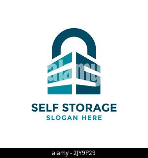 Lettera S per modello di design con logo per auto-archiviazione. Illustrazione vettore garage sicuro. Con il concetto di lucchetto e la combinazione di simboli garage. Illustrazione Vettoriale