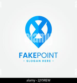 Fake point logo modello di design. Combinazione iniziale di lettere x e icone punto. Lettera creativa x per il concetto di simbolo di posizione. Illustrazione Vettoriale