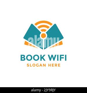 Modello di design del logo wifi del libro. Simbolo del libro di lettura online. Concetto di tecnologia per l'istruzione. Illustrazione Vettoriale