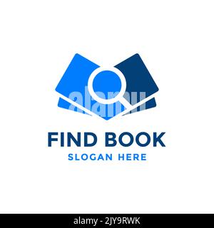 Trova il modello di design del logo del libro. Icona del libro con combinazione di lenti d'ingrandimento. Rivedi simbolo di ricerca. Illustrazione Vettoriale