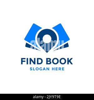 Modello di design del logo del punto del libro. Icona Education con combinazione di pin. Concetto di simbolo puntatore libreria, biblioteca, scuola, università, ecc. Illustrazione Vettoriale