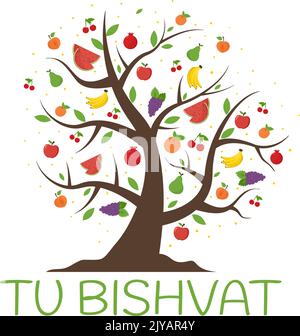 Tu BiShvat Template Hand Drawed Cartoon Flat Illustrazione Blooming Tree with Objects of Seven Species of Fruits on White background Design Illustrazione Vettoriale