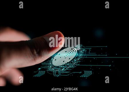 Tecnologia di sicurezza del futuro. La scansione delle impronte digitali fornisce un accesso di sicurezza. Concetto di sicurezza delle impronte digitali. Foto Stock