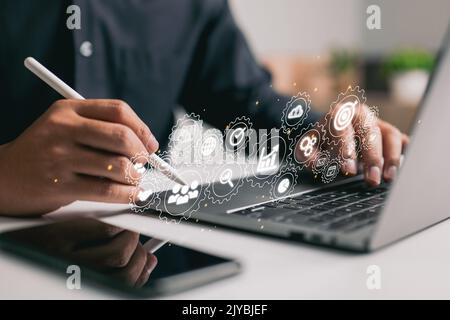 Concetti di pianificazione aziendale, processi e flussi di lavoro aziendali ad alte prestazioni, risoluzione dei problemi, controllo della qualità e valutazione aziendale a lungo termine Foto Stock