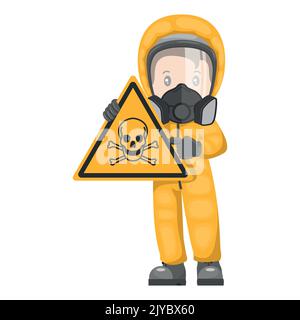 Lavoratori industriali con segnale di pericolo per materiali tossici. Icona e pittogramma di avvertenza sui prodotti chimici pericolosi. Tuta protettiva e respiratori. Industriale Illustrazione Vettoriale