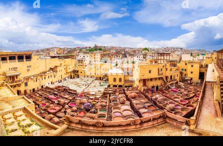 Paesaggio con conceria a Fez, Marocco Foto Stock